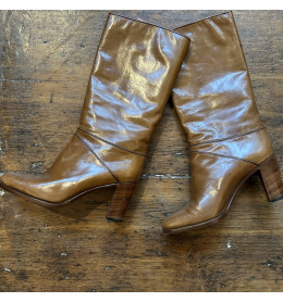 Bottes Vintage En Cuir Doré ELYSE - Taille 38 - Hauteur Genou & Talon Haut